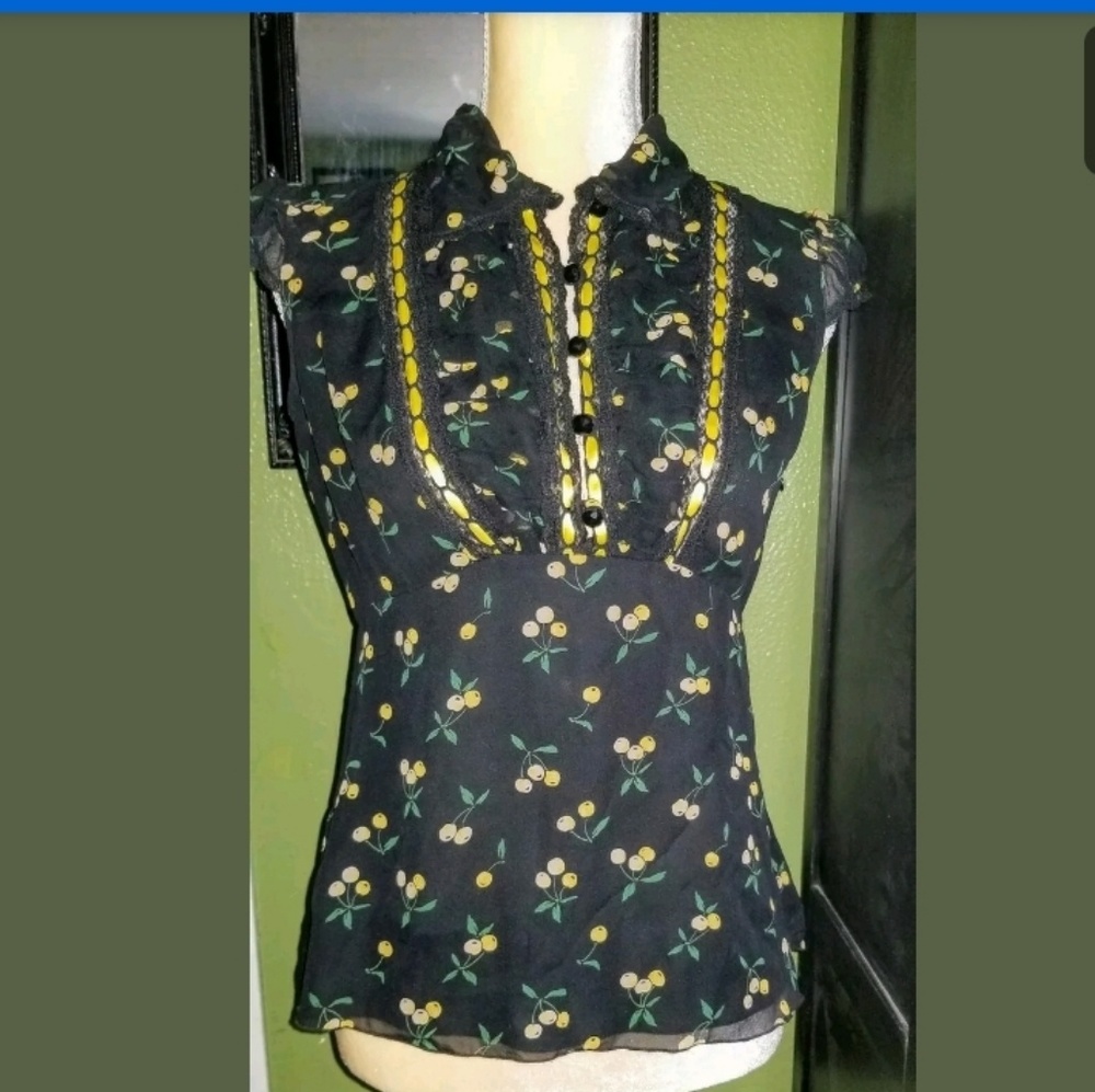 Anna Sui CHERRY print puff sleeve top